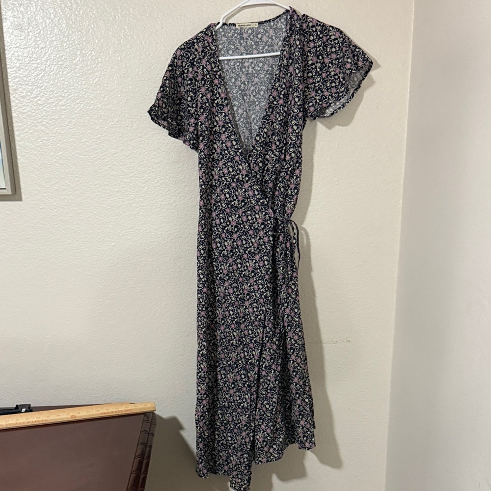 Marine Layer hemp emylyn Black Floral wrap Midi Dress pockets - Picture 4 of 15